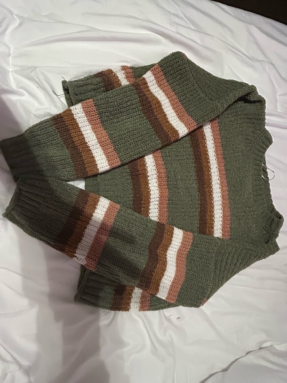 Pink Rose Olive Green Striped Knit Sweater with Brown, Rust and Cream Accents